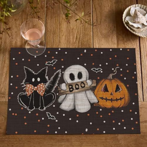 Black Ghost Cat Vinyl Placemats Set of 4 - Washable Heat Resistant Table Decor