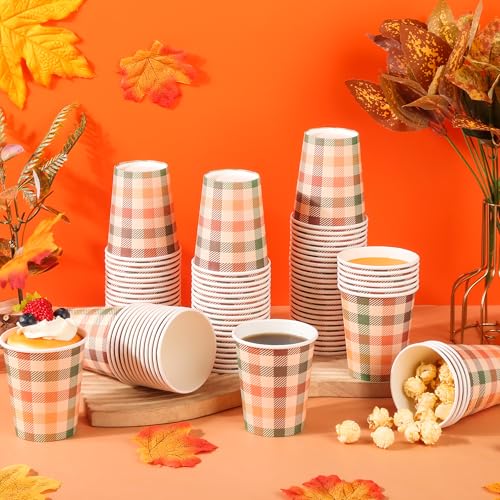 Fall Plaid Paper Cups 9oz - Thanksgiving Orange Green Checkered Party Cups - 100 Pack