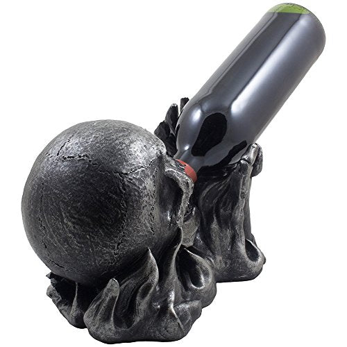 Skull Wine Bottle Holder Statue - Gothic Skeleton Bar Decor for Halloween & Man Cave