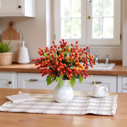 Artificial Orange Berry Stems Set of 4 - Realistic Faux Fruit for Home & Holiday Decor