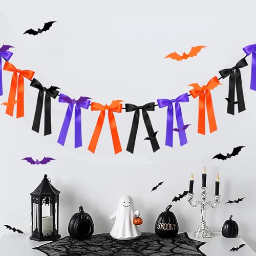 Halloween Bow Garland with Bats - Black, Orange, Purple 6Ft Party Decor
