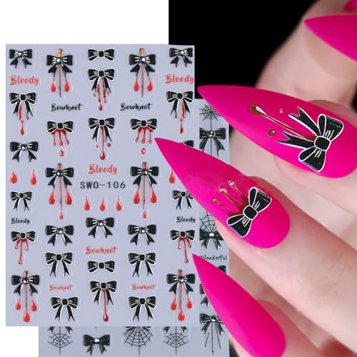 Halloween Nail Art Stickers Set - Black Bow Blood Drops 3D Self-Adhesive Decals
