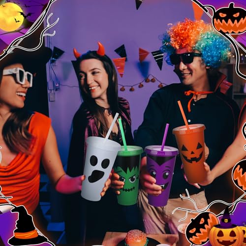 Halloween Plastic Cups with Lids & Straws - 24 oz, Purple & Orange, 12 Pack
