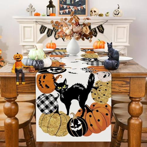 Halloween Pumpkin Table Runner 13x72 Inch Black Cat Bat Fall Decor for Dining Table