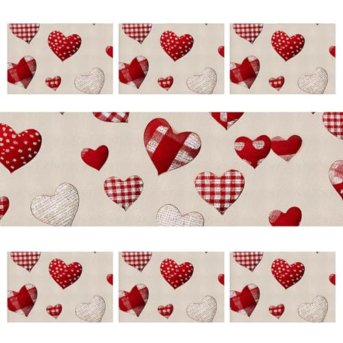 Valentine's Day Table Runner & Placemats Set of 6 - Red Heart Design, Romantic Dining Decor - Variation 148