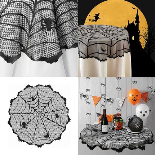 Halloween Lace Tablecloth with Spider Web Design, 40 Inch Spooky Party Decor