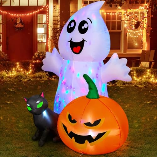 5FT Inflatable Ghost with Black Cat and Pumpkin Halloween Yard Decoration with LEDs