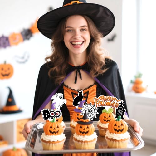 Halloween Pumpkin Cupcake Toppers 36pcs - Spooky & Cute Food Decorations