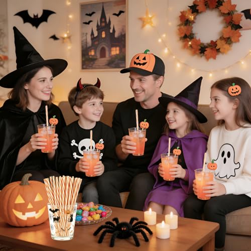 Reusable Orange White Striped Drinking Straws Set - Halloween & Fall Party Supplies