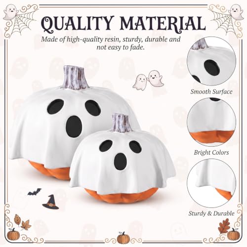 Halloween Ghost Pumpkin Decor Set - 7" & 6" Resin Figurines, Spooky Holiday Centerpieces