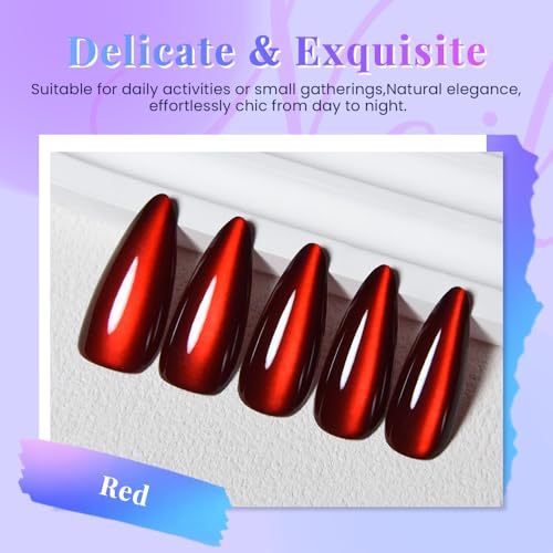 evpct 30Pcs Long Almond Dark Red Cat Eye Metallic Glitter Press-On Nails Set - 30 Ounce