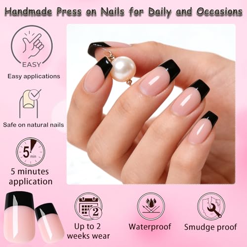 Medium Square Black French Tip Press On Nails - Reusable Fake Nails with Glue Tabs