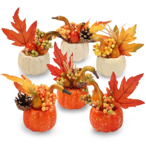 Artificial Fall Pumpkin Set with Maple Leaves & Berries - Style 3, 6 Pieces