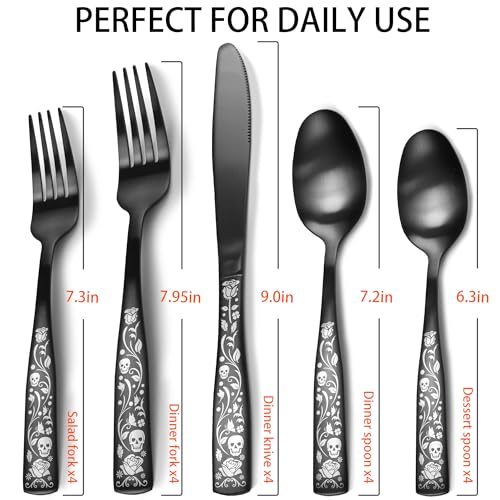 Skull Rose 20-Piece Matte Black Flatware Set for 4 - Gothic Skeleton Pattern Silverware