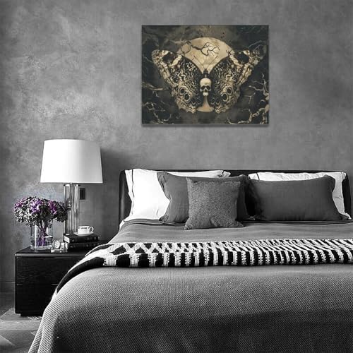 Gothic Skull Wall Art Canvas - Spooky Skeleton Butterfly Decor 16x12 Inch - Halloween Home Artwork