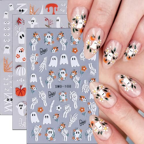 Halloween Nail Stickers 3 Sheets 5D Ghost Pumpkin Spider Web Mummy Skeleton Decals Variation of THIS listing