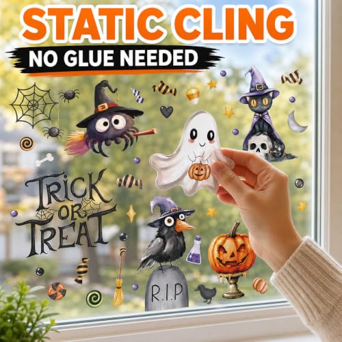 Halloween Window Clings Set - 86pcs Cute Spooky Ghost, Black Cat, Spider & Pumpkin - Variation Halloween1