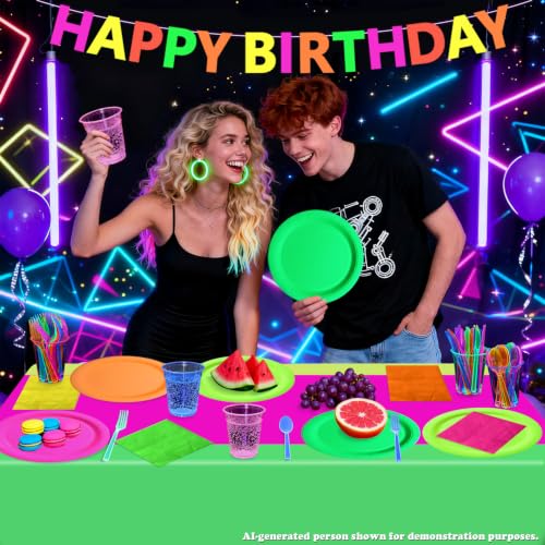 Glow in the Dark Party Supplies Set - Happy Birthday Variation - Serves 20