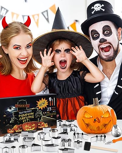 Pumpkin Carving Kit with 23 Stainless Steel Molds & 3 Tools Halloween Decoration Set - Safe & Easy for Kids & Adults