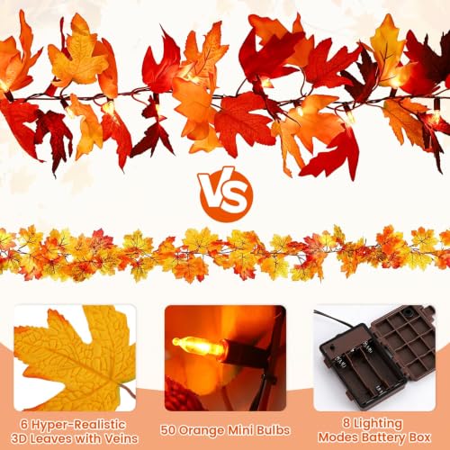 9Ft 2-Pack Battery-Operated Maple Leaf Garland with 8 Lighting Modes - Fall Decor