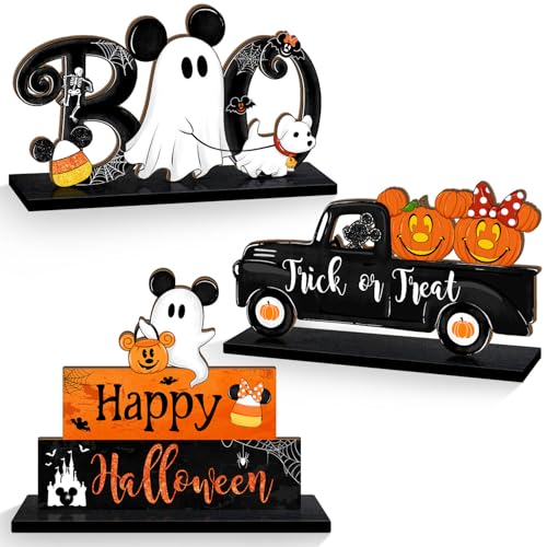 Halloween Wooden Table Signs Set - Pumpkin Ghost Truck & Happy Halloween Decor