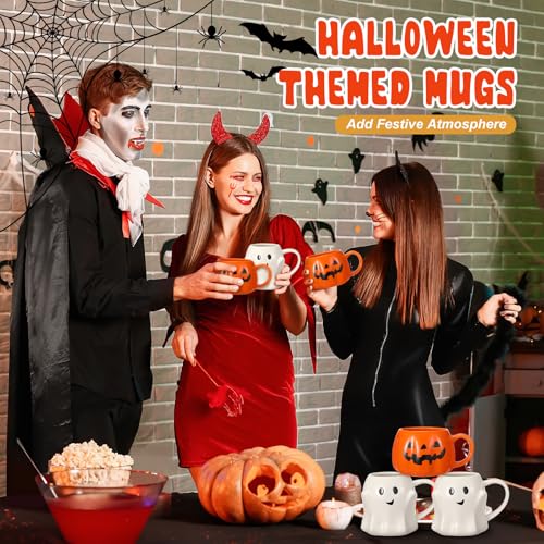 Halloween Pumpkin & Ghost Ceramic Mug Set - 4 Pcs, 14oz Holiday Coffee Cups - Variation 4