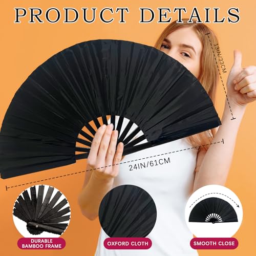 Multicoloured UV Glow Hand Fan - Large Folding Rave Bamboo Fan for Party Dancing Wedding