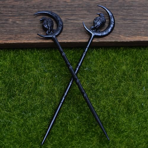 RLMN Viking Raven Hair Sticks - Gothic Moon Hair Pins for Women - 2 Pack