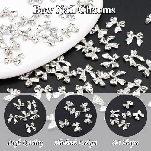 Silver Bow Nail Charms 50PCS with 2 Styles for Nail Art & DIY Crafts - Variation: Silver Bow