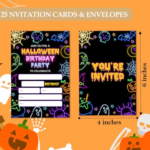 Halloween Birthday Invitations with Envelopes - Cute Ghost Bat Design, 25 Pack
