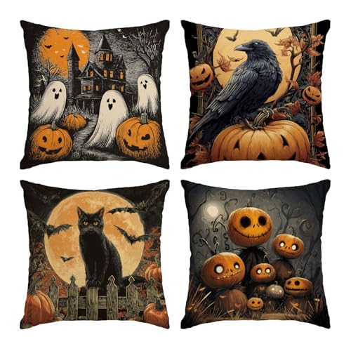 Halloween Pillow Covers 20x20 Set of 4 Ghost Pumpkin Spider Web Decor - Black Cat & Crow Design - Variation 28