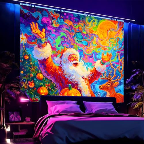 Merry Christmas Black Light Tapestry - UV Reactive Wall Hanging Santa Tree Snowman Elk 90L x 70W Unframed