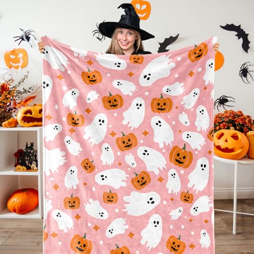 Halloween Fuzzy Flannel Throw Blanket 60x70 Inch Pink Ghost Pumpkin Design