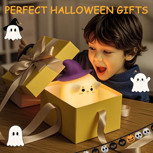 Ghost Night Light with Timer - Magician Warm White Squeeze Touch Lamp - Rechargeable and Dimmable Halloween Decor