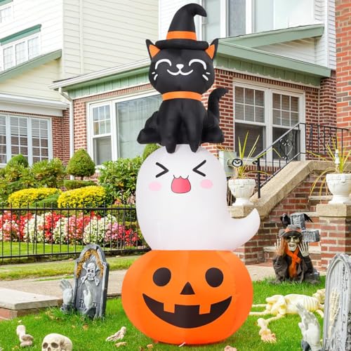 6 Ft Halloween Inflatable Pumpkin Ghost and Black Cat Yard Decor with LEDs