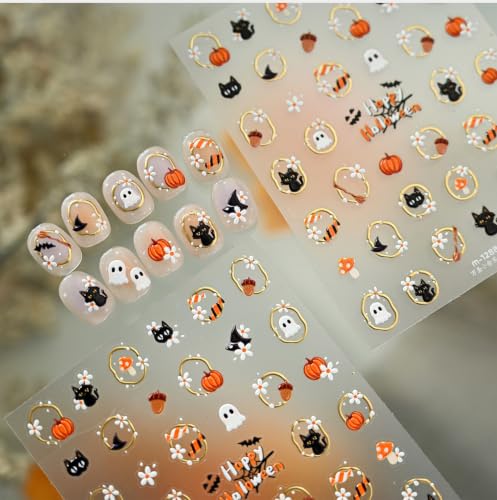 Halloween Pumpkin Nail Art Stickers 5D Embossed Ghost Cats Decals - Halloween Pumpkin Variation