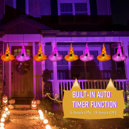 12 Pcs Lighted Halloween Witch Hat Decorations with 8 Modes - Outdoor String Lights