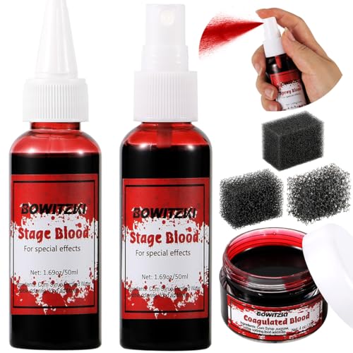 Fake Blood Set with Spray & Sponge for Halloween & Stage Makeup - 6PCS