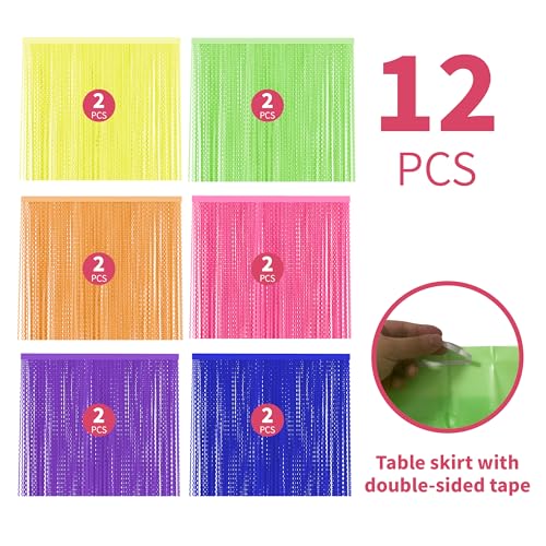 Glow in The Dark Party Table Skirts Set - 4 Pack Fluorescent Wavy Foil Fringe for Neon & Blacklight Events