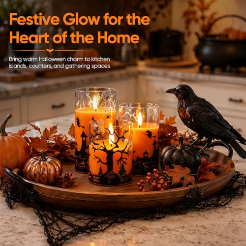 Homemory Halloween Flameless Candles Set of 3 - Orange Glass Shell Halloween Decor with Remote & Timer