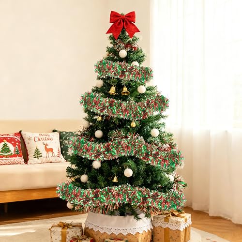 70 Ft Christmas Tinsel Garland - Metallic Twist Decor with Red & Green Variation