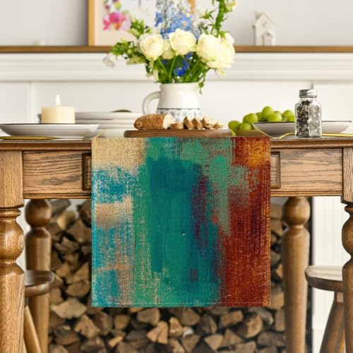 13x72 Inch Abstract Modern Art Table Runner Brown Blue | Farmhouse Kitchen Decor