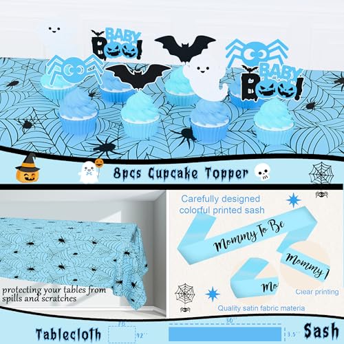 Halloween Baby Shower Decorations Boy - Blue & Black Party Set with Balloons, Backdrop & Cake Toppers