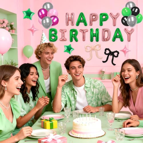 Witch Birthday Balloon Kit - Pink & Green Foil Balloons Crown Hat Bows - Variation 3