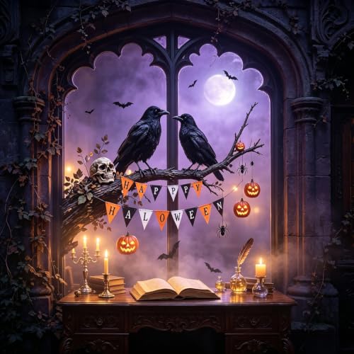 Halloween Crow Window Clings - Pumpkin & Whimsical Fall Decals for Glass