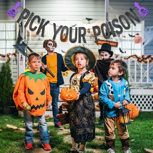 Black Glitter Halloween Banner Pick Your Poison Party Decor with Potion Bottles