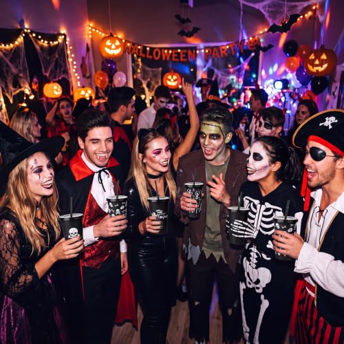 Halloween Skull Plastic Cups Set with Lids & Straws - 24 oz Party Drinkware