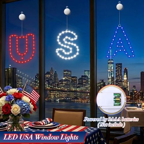 4th of July USA Letter Window Light - Red White Blue LED Hanging Lamps with Suction 3pcs - E - Patriot Decor