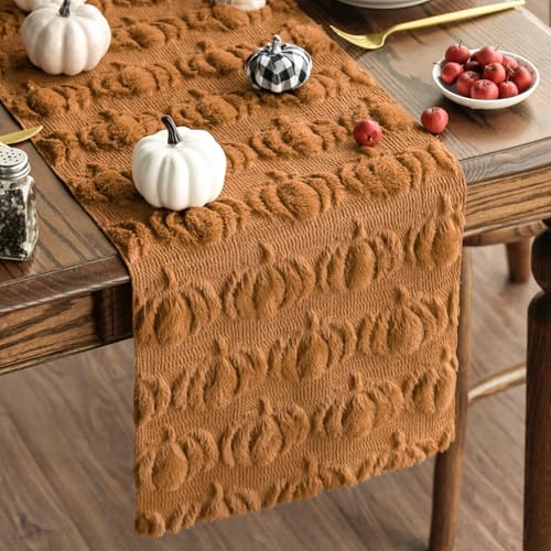 Artoid Mode Caramel Faux Fur Pumpkins Fall Table Runner 13x72 Inch