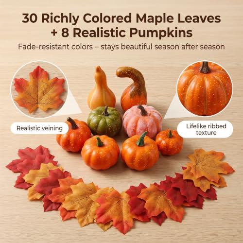 Fall Decor Set with Mini Pumpkins, Maple Leaves, Pinecones & Acorns - 50 Pieces